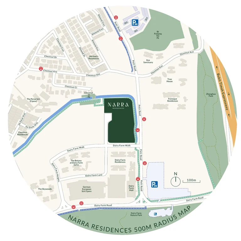 Narra Residences 500-metre radius map (developer drawing): the site on Dairy Farm Walk with Dairy Farm Mall, the German European School, the park connector and Dairy Farm Nature Park