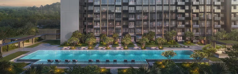 Narra Residences, artist’s impression: the 50-metre lap pool lit at dusk, with loungers along its length and a residential block behind