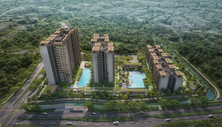 Narra Residences, artist’s impression: an aerial view of the seven blocks, the pools and the landscape deck, wrapped by the forest of Dairy Farm and Bukit Timah