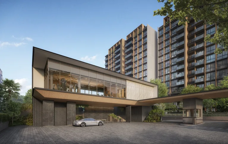 Narra Residences, artist’s impression: the arrival pavilion and drop-off court in textured stone and timber, with the residential blocks rising behind