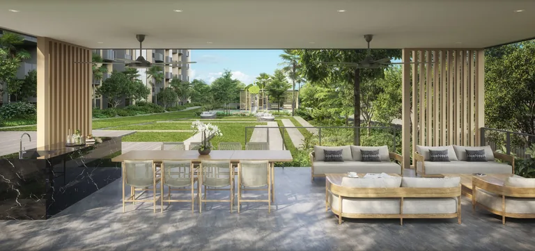 Narra Residences, artist’s impression: the BBQ pavilion with its dining table and lounge, opening onto a garden lawn