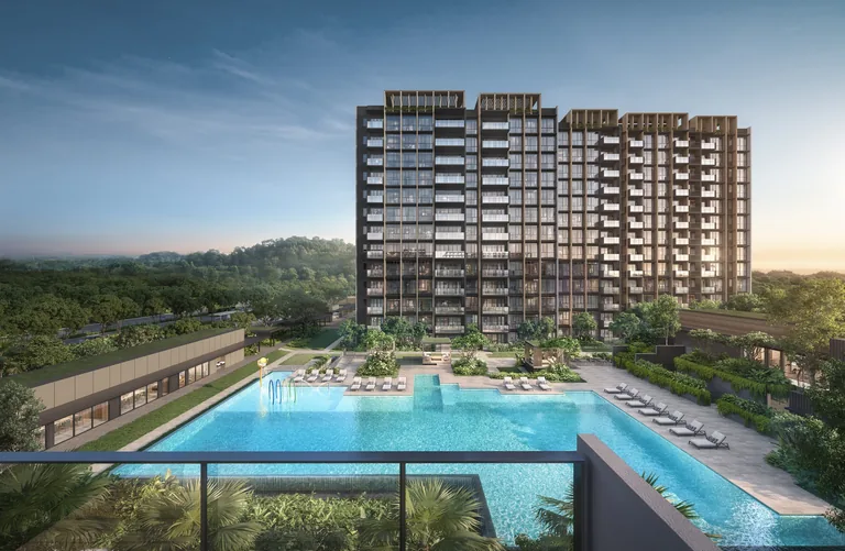 Narra Residences, artist’s impression: the Family Canyon Pool seen from a balcony, with a sixteen-storey block and the forested hills beyond