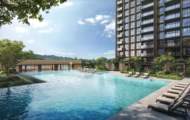 Narra Residences, artist’s impression: the Family Canyon Pool and its poolside pavilion, under a residential block, with the hills beyond