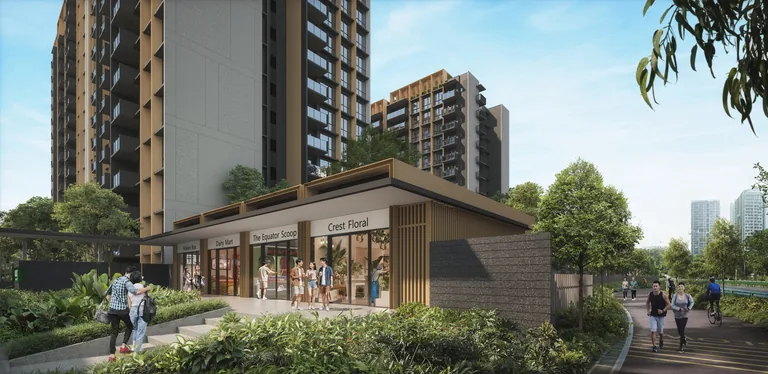 Narra Residences, artist’s impression: the first-storey shops along a shaded walkway, with residents walking past and the blocks above (shop names illustrative)