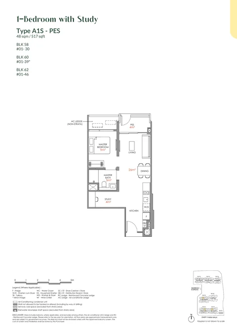Narra Residences floor plan, Type A1S: 1 bedroom + study, 48 sq m (517 sq ft), 3 homes in Block 58 #01-30, Block 60 #01-39, Block 62 #01-46 (first storey) (developer drawing with key plan)