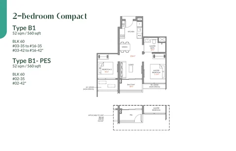 Narra Residences floor plan, Type B1: 2 bedrooms (compact), 52 sq m (560 sq ft), 30 homes in Block 60 stacks 35 and 42 (developer drawing with key plan)