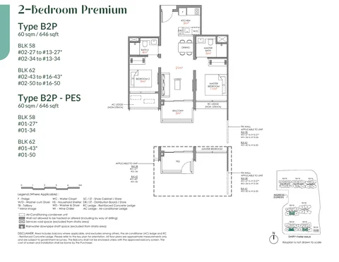 Narra Residences floor plan, Type B2P: 2 bedrooms (premium), 60 sq m (646 sq ft), 58 homes in Block 58 stacks 27 and 34, Block 62 stacks 43 and 50 (developer drawing with key plan)