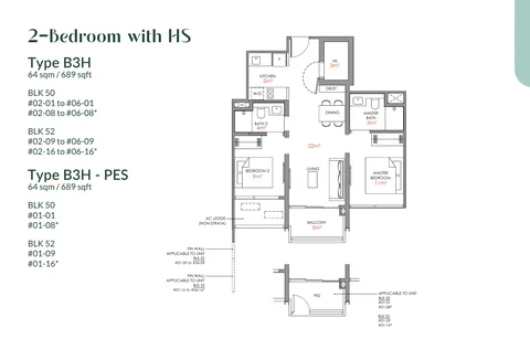 Narra Residences floor plan, Type B3H: 2 bedrooms with household shelter, 64 sq m (689 sq ft), 24 homes in Block 50 stacks 01 and 08, Block 52 stacks 09 and 16 (developer drawing with key plan)