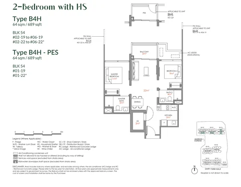 Narra Residences floor plan, Type B4H: 2 bedrooms with household shelter, 64 sq m (689 sq ft), 12 homes in Block 54 stacks 19 and 22 (developer drawing with key plan)