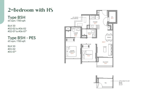 Narra Residences floor plan, Type B5H: 2 bedrooms with household shelter, 65 sq m (700 sq ft), 12 homes in Block 50 stacks 02 and 07 (developer drawing with key plan)