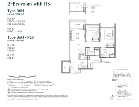 Narra Residences floor plan, Type B6H: 2 bedrooms with household shelter, 65 sq m (700 sq ft), 18 homes in Block 50 stacks 03 and 06, Block 52 stack 11 (developer drawing with key plan)