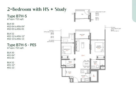 Narra Residences floor plan, Type B7H-S: 2 bedrooms + study with household shelter, 67 sq m (721 sq ft), 24 homes in Block 50 stacks 04 and 05, Block 52 stacks 12 and 13 (developer drawing with key plan)