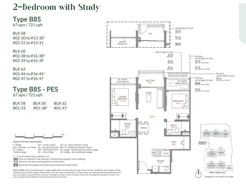 Narra Residences floor plan, Type B8S: 2 bedrooms + study, 67 sq m (721 sq ft), 87 homes in Block 58 stacks 30 and 31, Block 60 stacks 38 and 39, Block 62 stacks 46 and 47 (developer drawing with key plan)