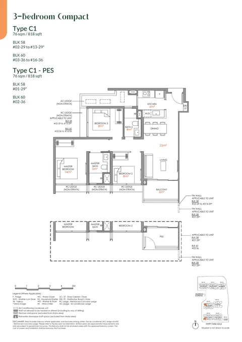 Narra Residences floor plan, Type C1: 3 bedrooms (compact), 76 sq m (818 sq ft), 28 homes in Block 58 stack 29, Block 60 stack 36 (developer drawing with key plan)