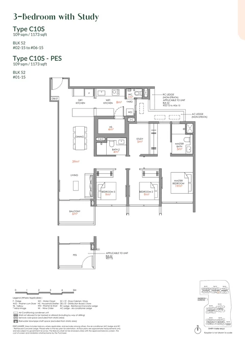 Narra Residences floor plan, Type C10S: 3 bedrooms + study (premium), 109 sq m (1,173 sq ft), 6 homes in Block 52 stack 15 (developer drawing with key plan)