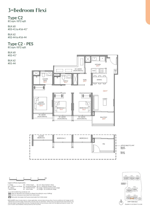 Narra Residences floor plan, Type C2: 3 bedrooms (flexi), 81 sq m (872 sq ft), 31 homes in Block 60 stack 41, Block 62 stack 44 (developer drawing with key plan)