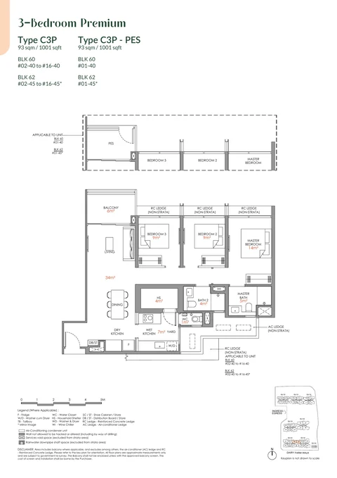 Narra Residences floor plan, Type C3P: 3 bedrooms (premium), 93 sq m (1,001 sq ft), 32 homes in Block 60 stack 40, Block 62 stack 45 (developer drawing with key plan)