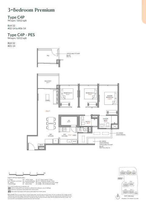 Narra Residences floor plan, Type C4P: 3 bedrooms (premium), 94 sq m (1,012 sq ft), 6 homes in Block 52 stack 14 (developer drawing with key plan)