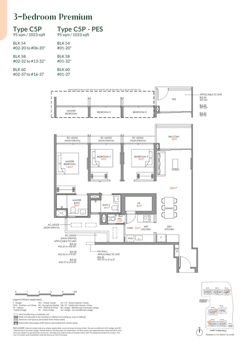 Narra Residences floor plan, Type C5P: 3 bedrooms (premium), 95 sq m (1,023 sq ft), 35 homes in Block 54 stack 20, Block 58 stack 32, Block 60 stack 37 (developer drawing with key plan)