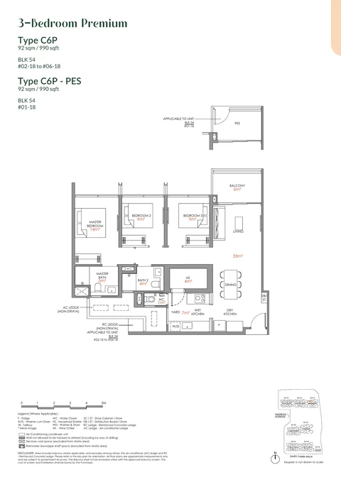 Narra Residences floor plan, Type C6P: 3 bedrooms (premium), 92 sq m (990 sq ft), 6 homes in Block 54 stack 18 (developer drawing with key plan)