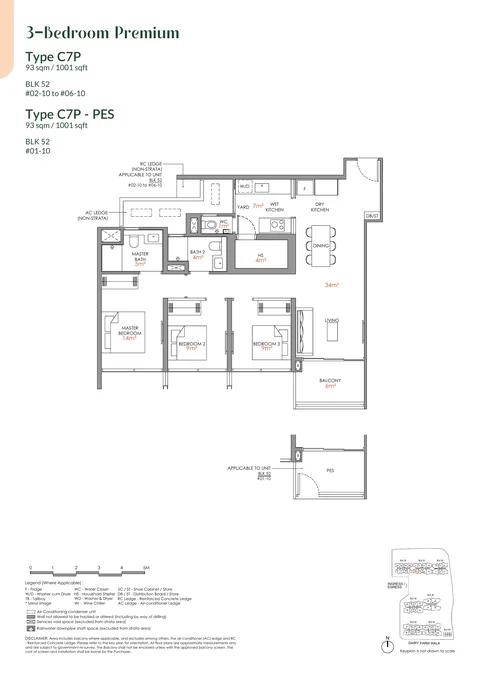 Narra Residences floor plan, Type C7P: 3 bedrooms (premium), 93 sq m (1,001 sq ft), 6 homes in Block 52 stack 10 (developer drawing with key plan)