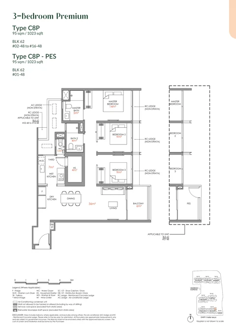 Narra Residences floor plan, Type C8P: 3 bedrooms (premium), 95 sq m (1,023 sq ft), 16 homes in Block 62 stack 48 (developer drawing with key plan)