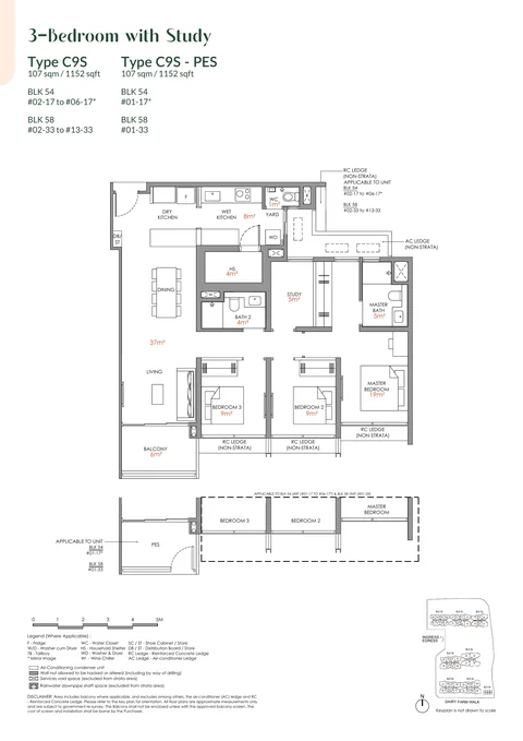 Narra Residences floor plan, Type C9S: 3 bedrooms + study (premium), 107 sq m (1,152 sq ft), 19 homes in Block 54 stack 17, Block 58 stack 33 (developer drawing with key plan)