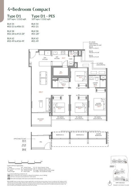 Narra Residences floor plan, Type D1: 4 bedrooms (compact), 107 sq m (1,152 sq ft), 35 homes in Block 54 stack 21, Block 58 stack 28, Block 62 stack 49 (developer drawing with key plan)