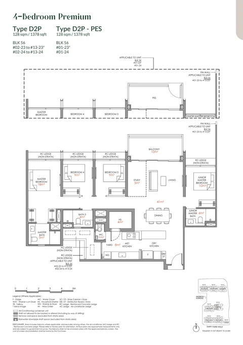 Narra Residences floor plan, Type D2P: 4 bedrooms (premium), 128 sq m (1,378 sq ft), 26 homes in Block 56 stacks 23 and 24 (developer drawing with key plan)