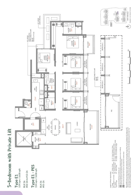Narra Residences floor plan, Type E1: 5 bedrooms with private lift, 154 sq m (1,658 sq ft), 13 homes in Block 56 stack 26 (developer drawing with key plan)