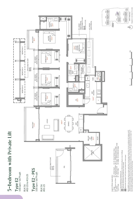 Narra Residences floor plan, Type E2: 5 bedrooms with private lift, 156 sq m (1,679 sq ft), 13 homes in Block 56 stack 25 (developer drawing with key plan)