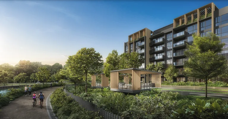 Narra Residences, artist’s impression: the Forest Terrace pavilion beside the jogging path and the planted edge of the grounds, with a six-storey block behind