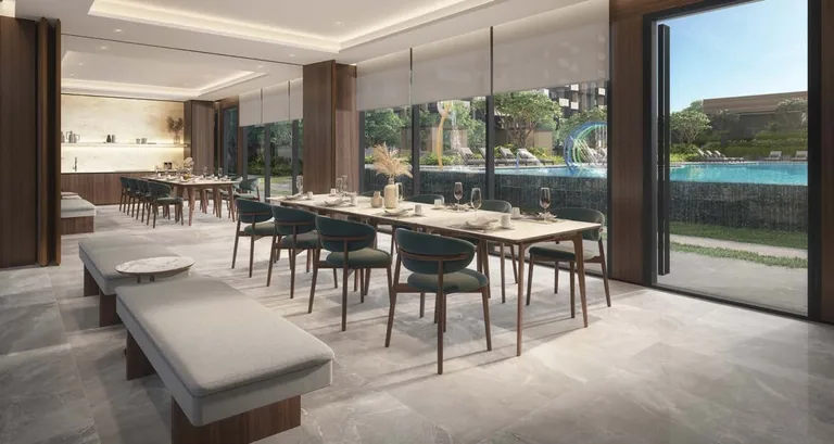 Narra Residences, artist’s impression: Function Rooms 1 and 2, a long dining room with banquette seating and glazing onto the pool