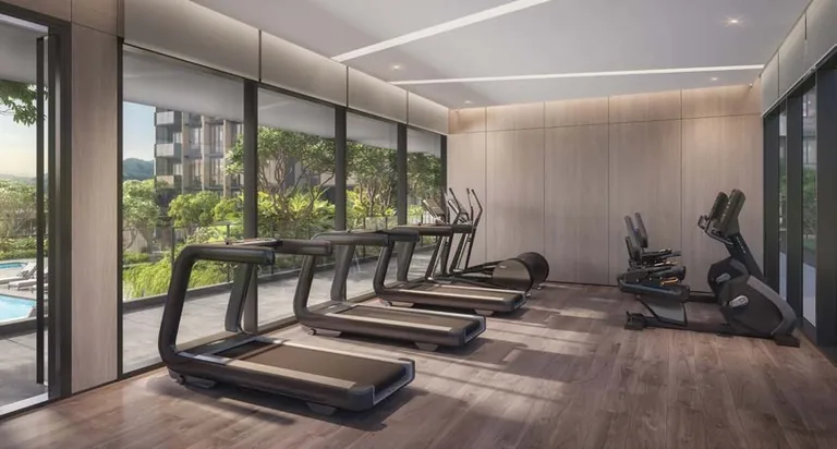 Narra Residences, artist’s impression: the gym, with treadmills and cardio machines facing full-height glazing onto the gardens