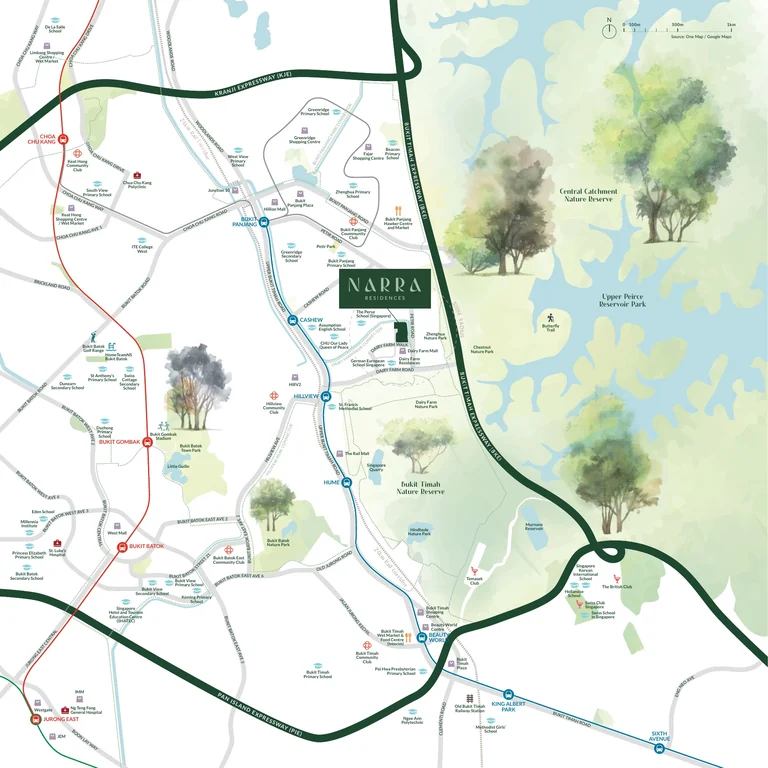Narra Residences location map (developer drawing): the site at Dairy Farm Walk between the Bukit Timah and Central Catchment nature reserves, with the Downtown Line stations and expressways