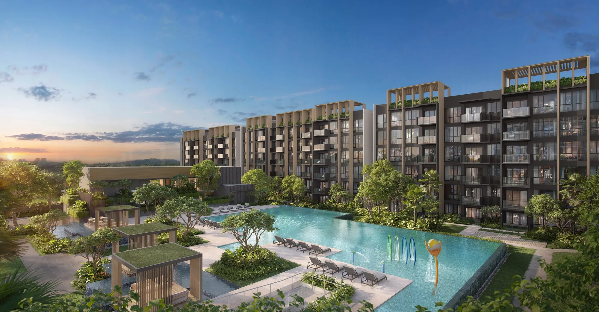 Narra Residences, artist’s impression: the pool deck at sunset, with cabanas, loungers and sculptures beside a long pool below the six-storey blocks