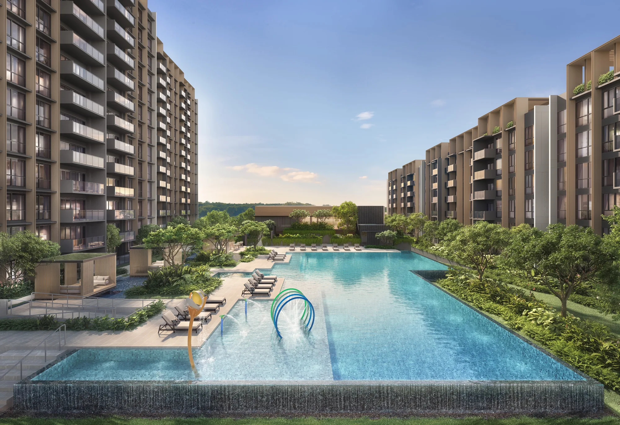 Narra Residences, artist’s impression: a pool with water arches and an infinity edge, framed by the residential blocks