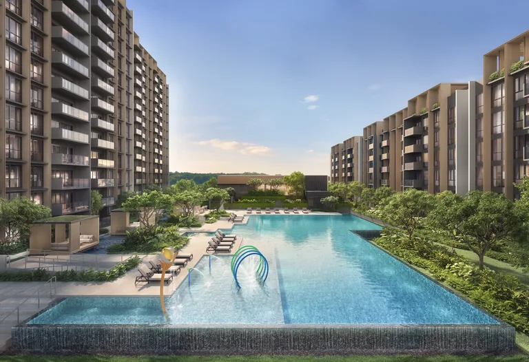 Narra Residences, artist’s impression: a pool with water arches and an infinity edge, framed by the residential blocks