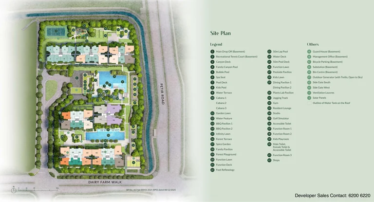 Narra Residences site plan (developer drawing): Blocks 50 to 64 along Dairy Farm Walk and Petir Road, the pools, lawns, pavilions and the facilities legend