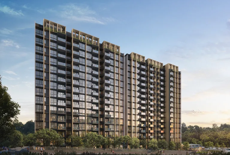 Narra Residences, artist’s impression: the sixteen-storey blocks at dusk, their timber-toned balconies above the planted site edge