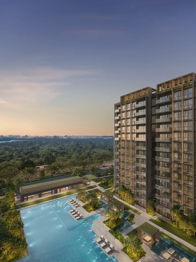 Narra Residences, artist’s impression: a residential tower at dusk above the forest canopy, looking out to the hills